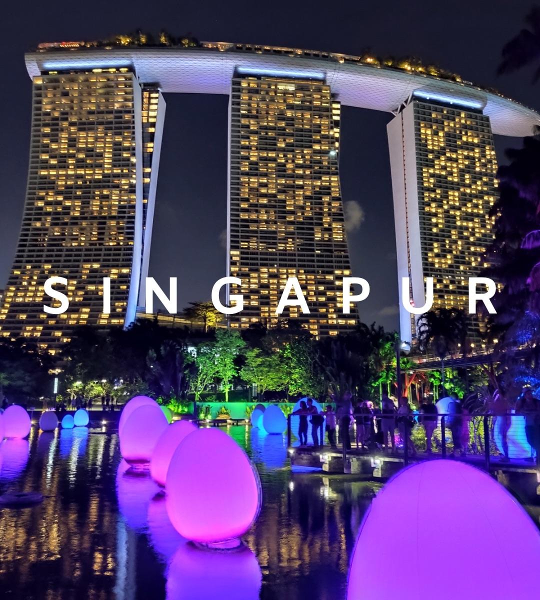 Marina Bay Sands y Gardens by the Bay iluminados de noche, Singapur