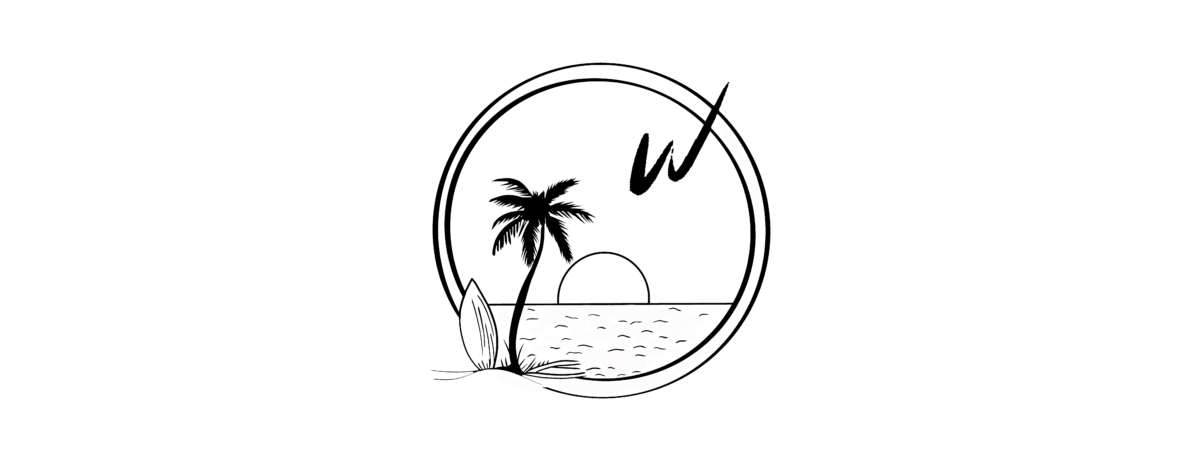 Logo circular de Viajarenverso con palmera y tabla de surf